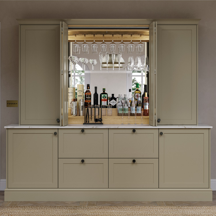 Bar dresser with mirror back and olive green wood doors