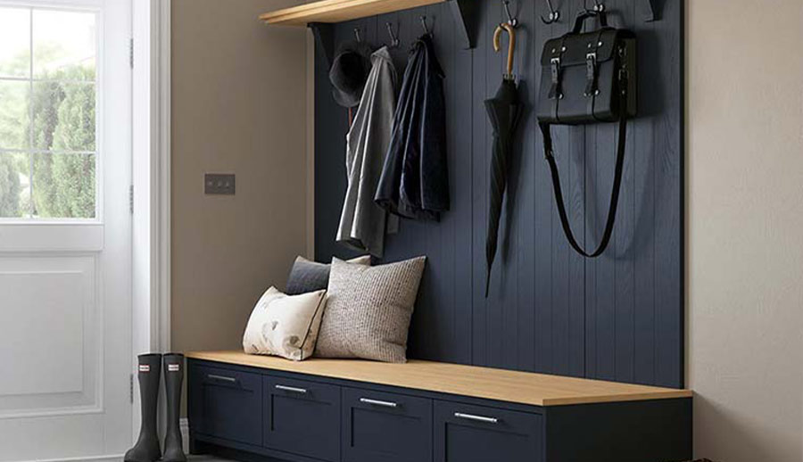 Stunning blue boot room in a shaker kitchen