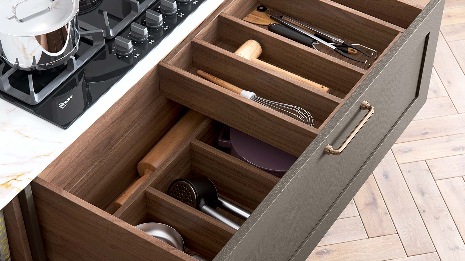 Classic kitchen cutlery drawer in Tuscan Walnut