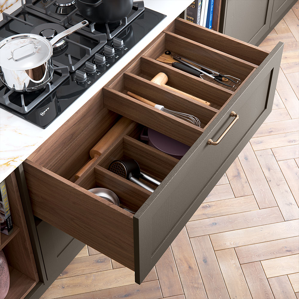 Wood effect combination utensil drawers.
