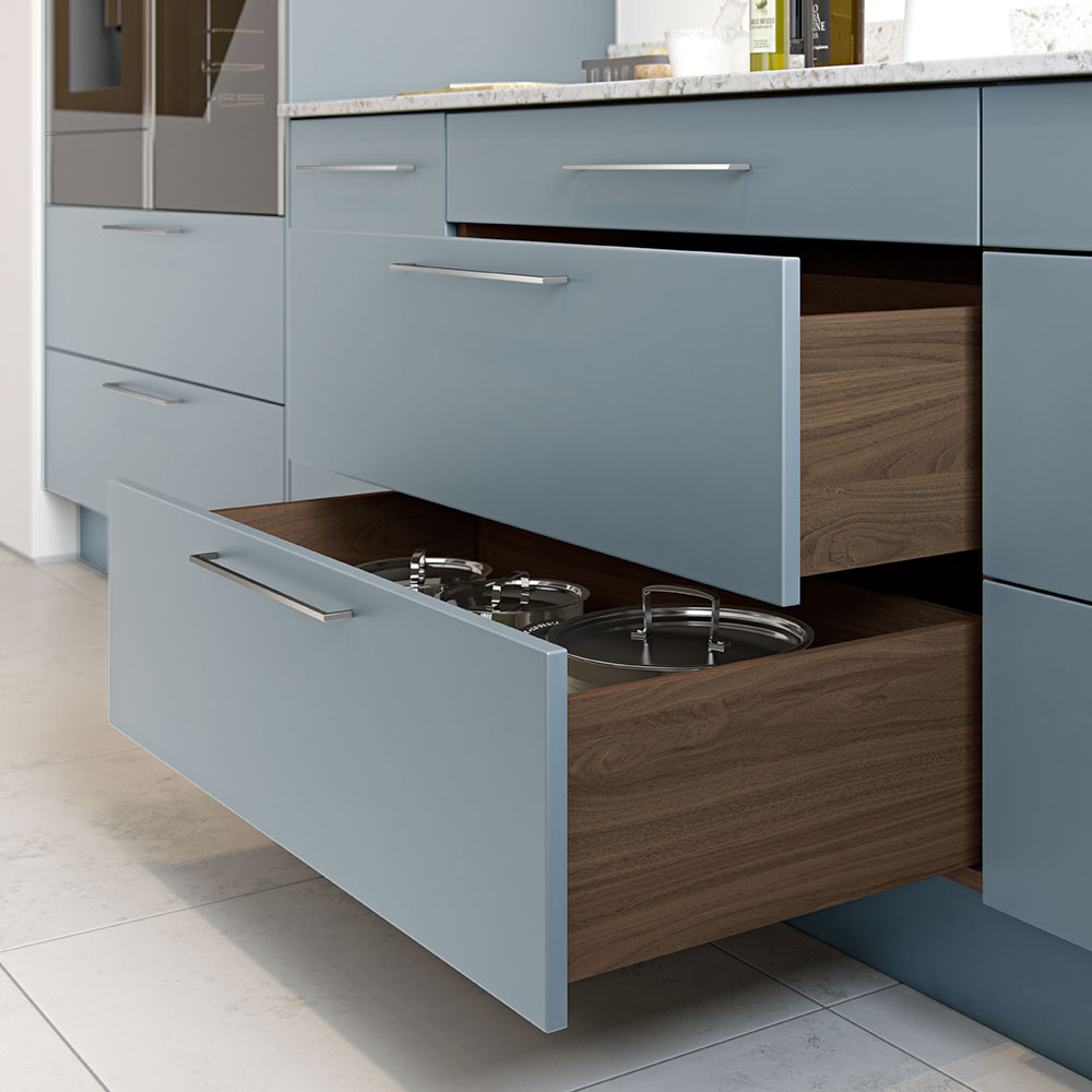Wood effect pan drawers in Tuscan Walnut - works perfectly with Coastal Mist.