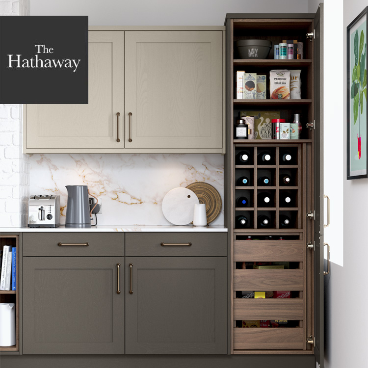 Slimline pantry for kitchen with wine rack and shelves