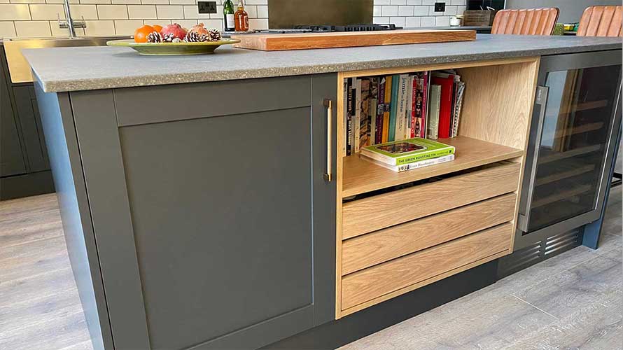 Kitchen island with crate drawer storage