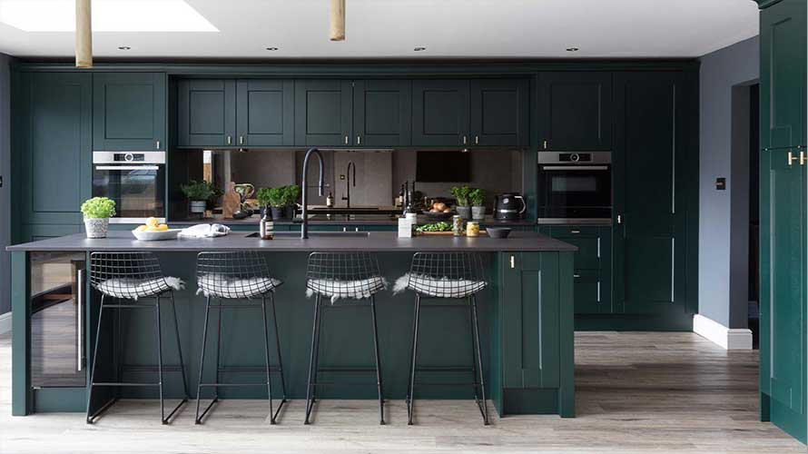 Green shaker kitchen with kitchen island