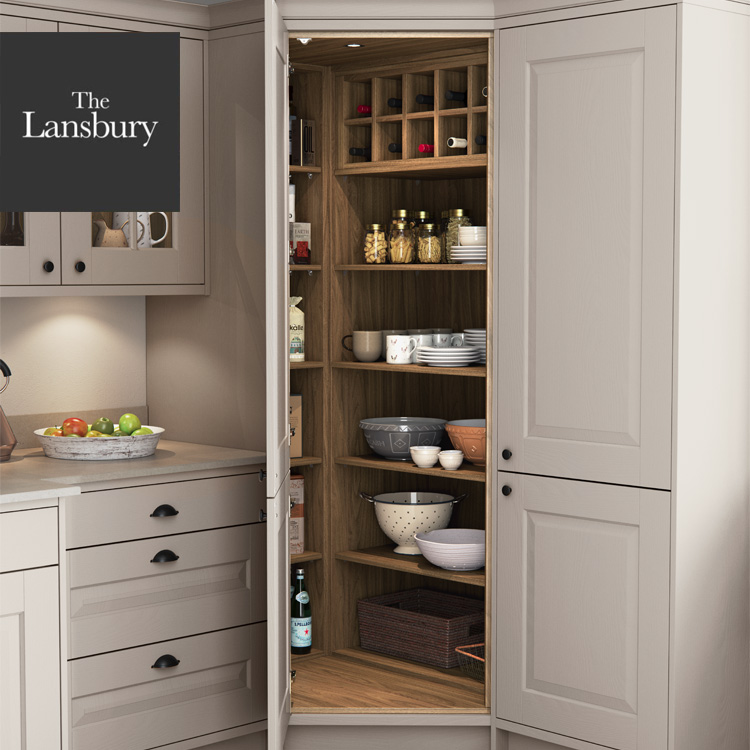 Lansbury corner kitchen pantry with open door and oak shelves