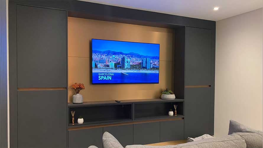 Luxury modern entertainment center with metallic back drop