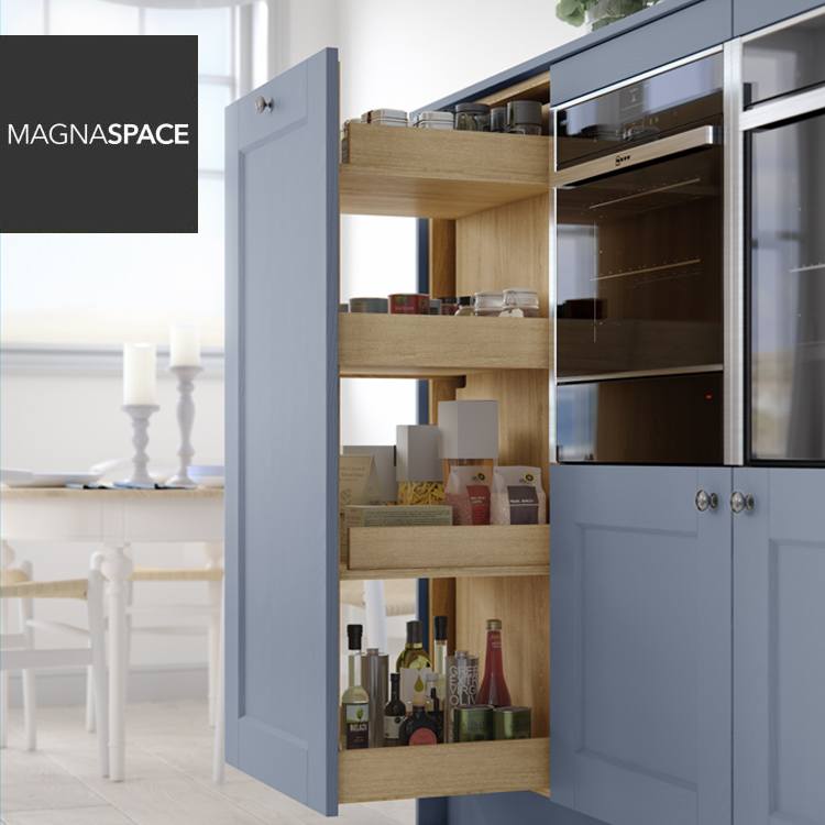 Tall larder unit with blue doors in classic kitchen