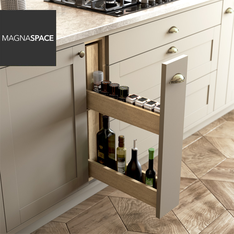 Thin slimline larder pull-out drawer between two kitchen cupboards