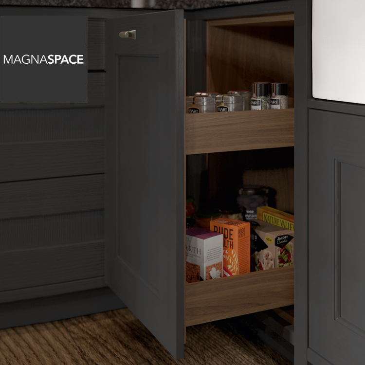 Base kitchen unit larder with dark wood Shaker cabinet doors