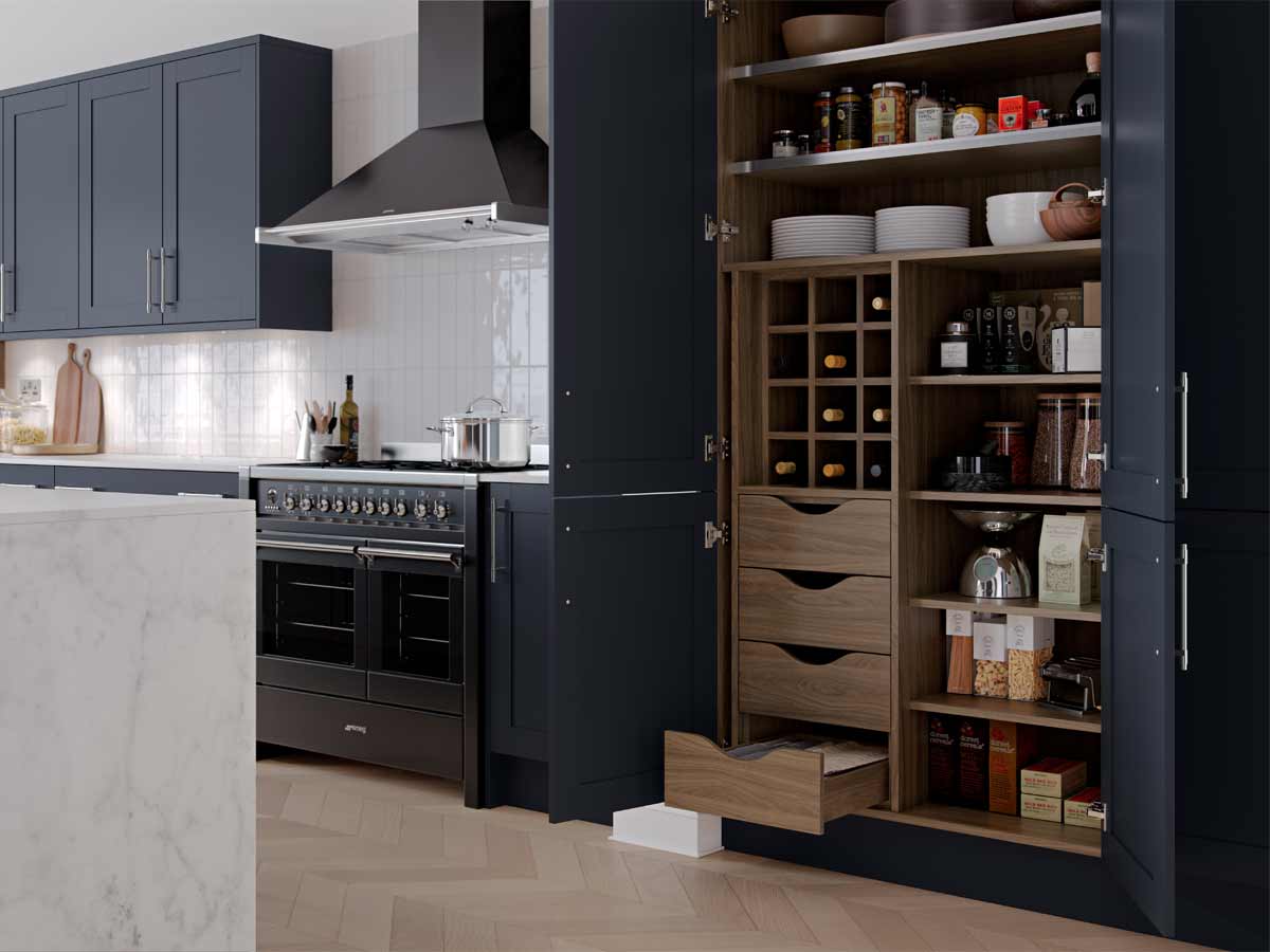 Hathaway kitchen storage unit in high contrast kitchen display