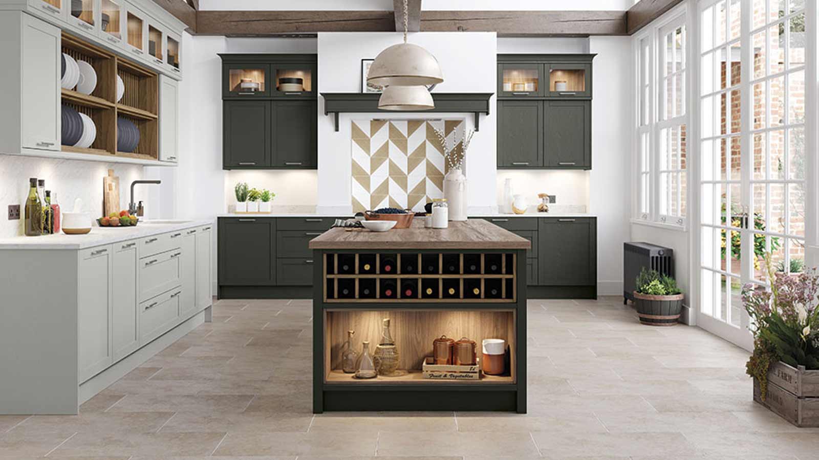 Open-plan shaker kitchen with wine rack cabinets.