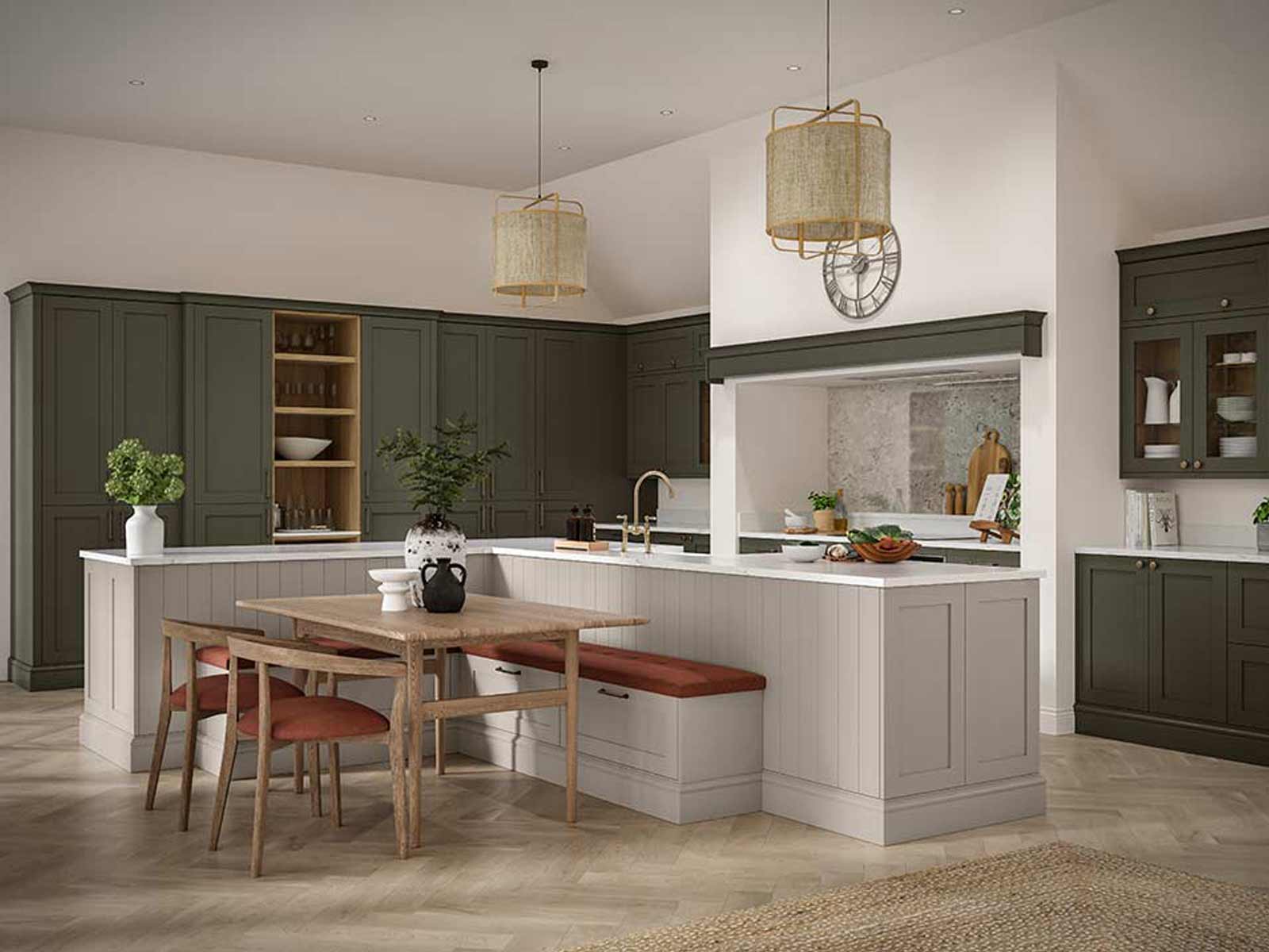 Huge grey and pine green kitchen with white marble worktops