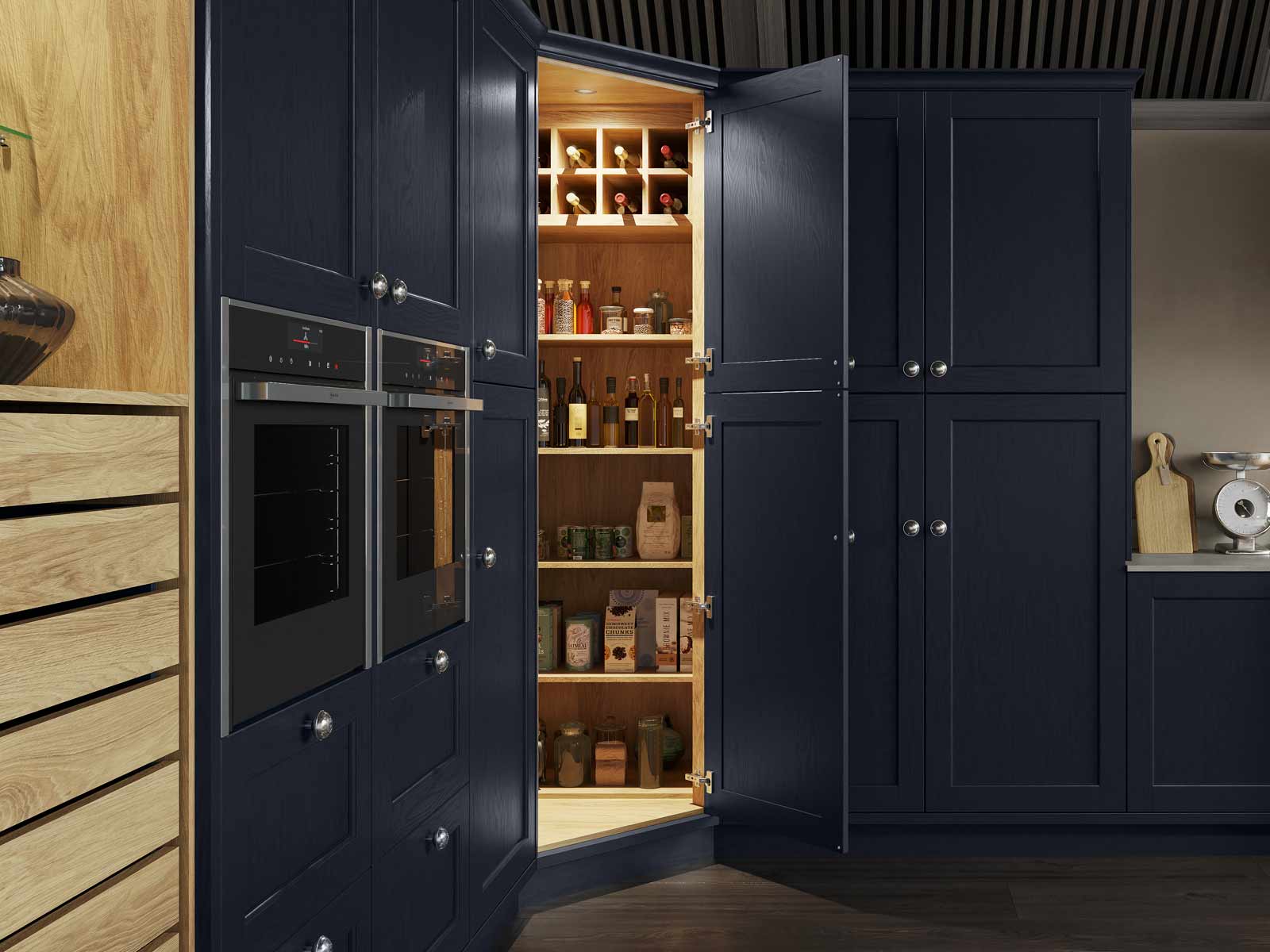 Corner kitchen pantry cupboard with walk-in-pantry storeroom capabilities