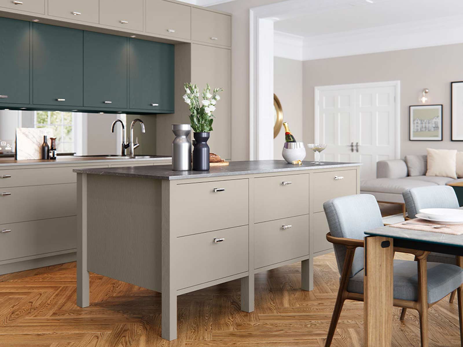 A bright two-tone kitchen with an island and lots of natural light