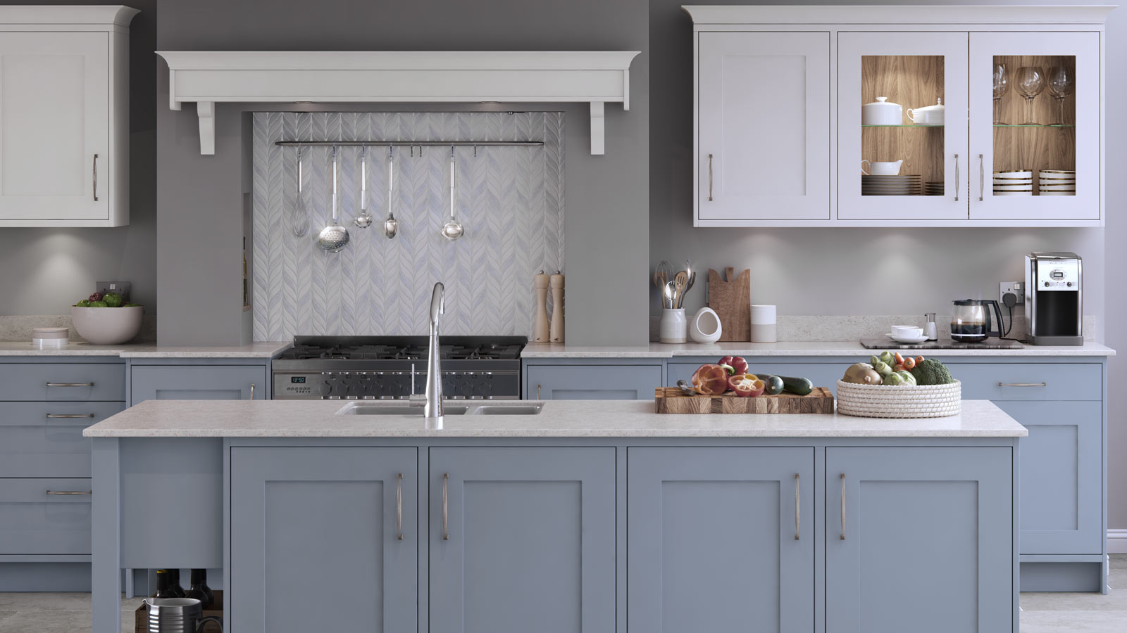 A traditional kitchen with light blue Shaker kitchen doors