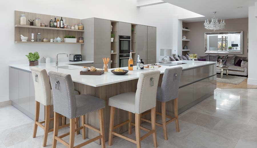 Modern kitchen featuring open shelving and gloss finish