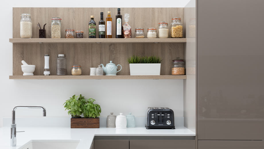 Modern wood-effect open shelving