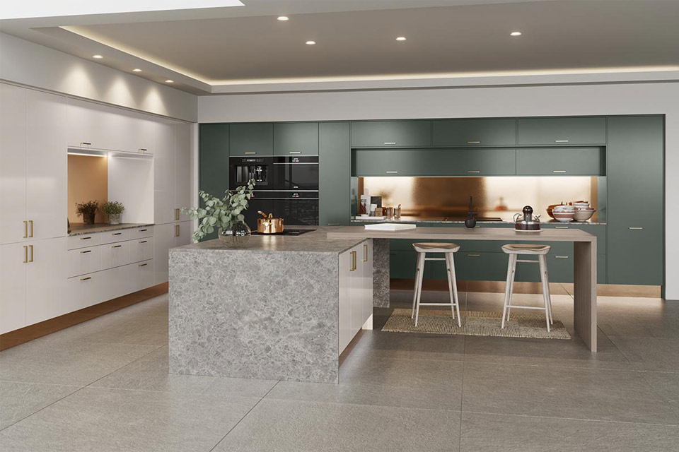 Modern green kitchen cabinets with copper splashbacks