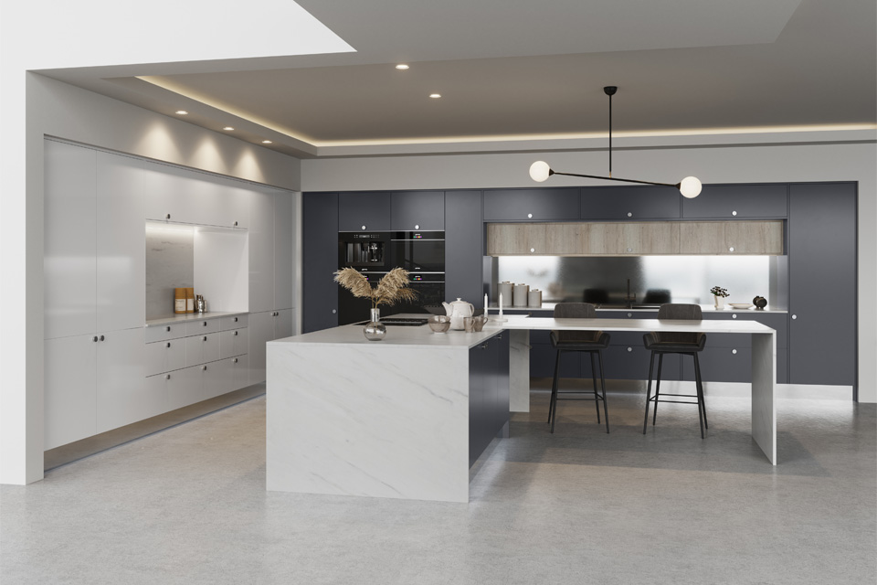 Ultra-modern kitchen in Slate with Scots Grey gloss and Marble effect worktops
