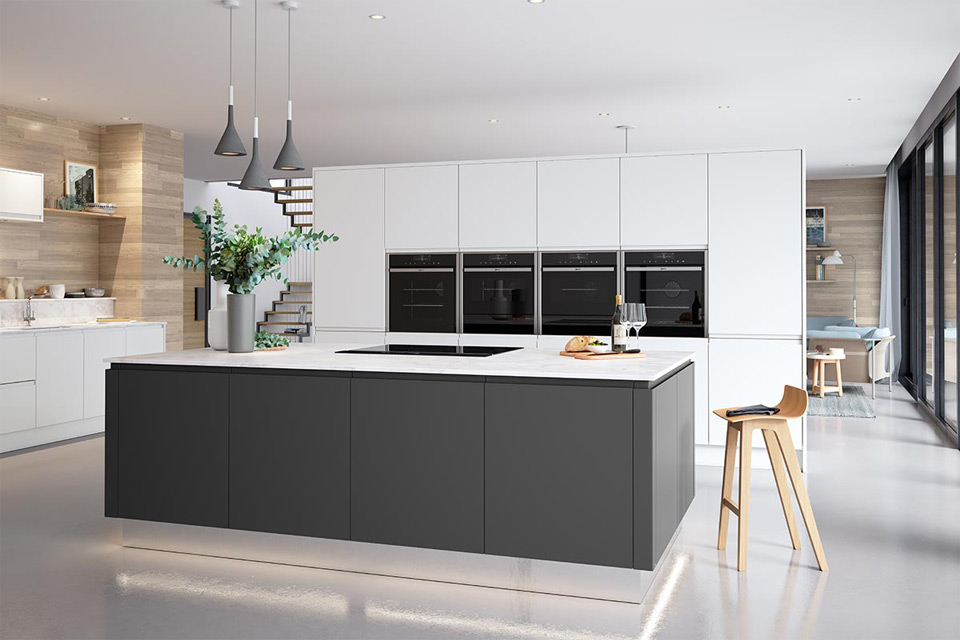 Modern kitchen with Graphite and Coastal Mist Roma doors