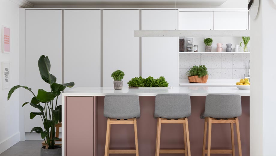 Open plan kitchen living room with floor-to-ceiling cabinetry