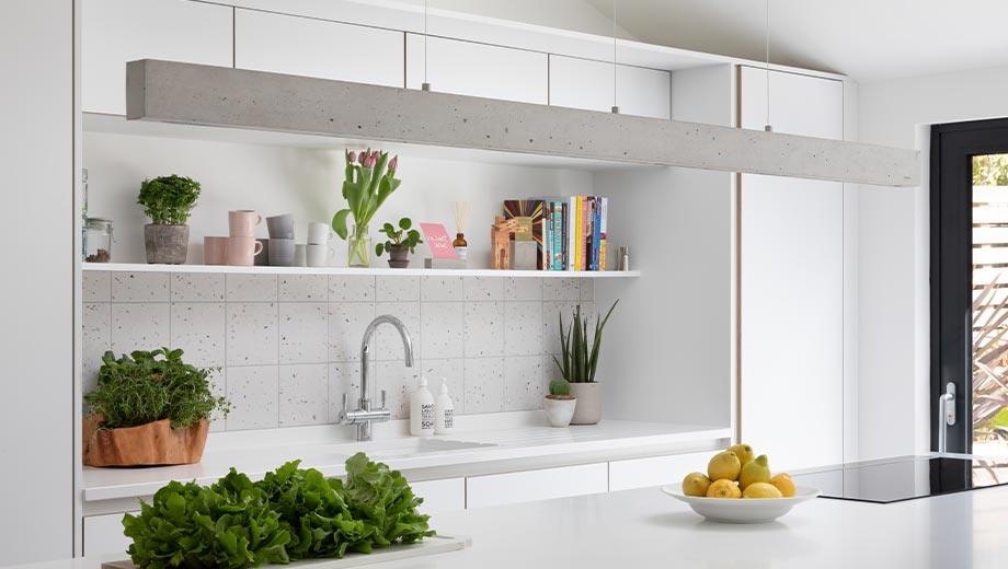 Open shelving in an open plan kitchen living room