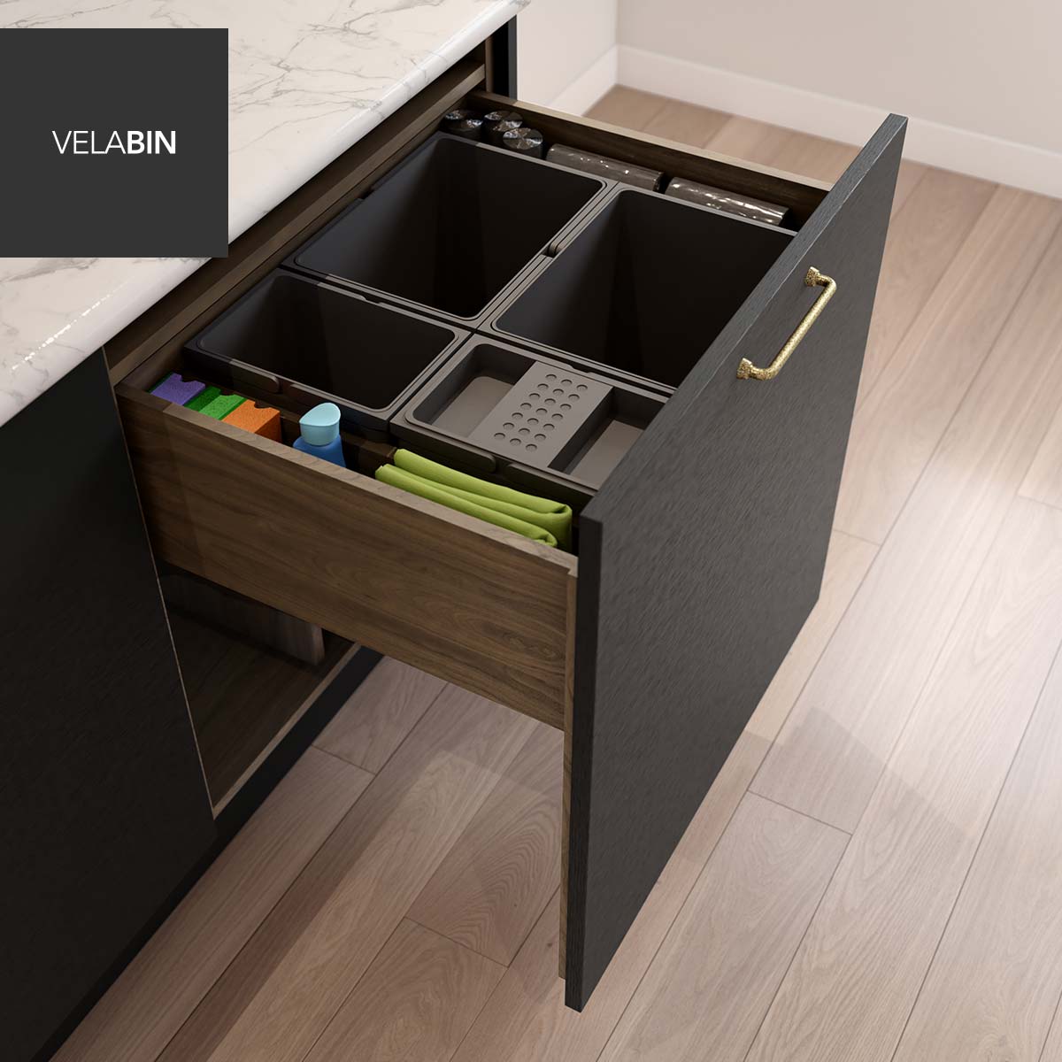 Velabin integrated kitchen bin in Portland Oak
