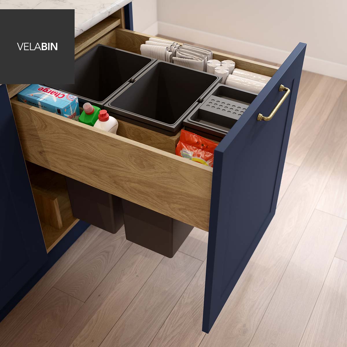 Velabin integrated kitchen bin in Portland Oak