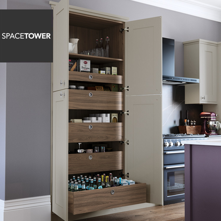 Pull-out kitchen larder with double doors and internal drawers