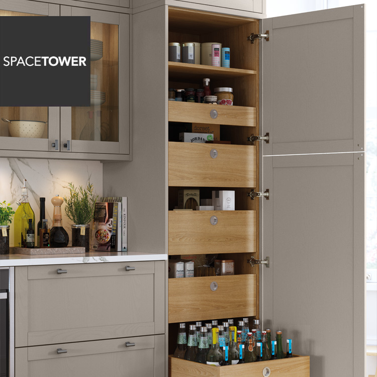 Kitchen larder unit in a slim and narrow style with drawers and kitchen cupboard doors