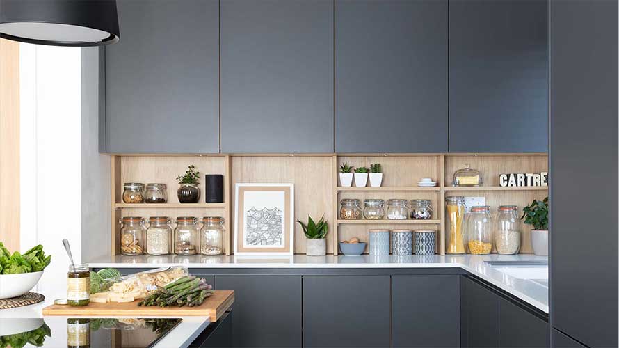 Statement kitchen open shelving in a modern kitchen