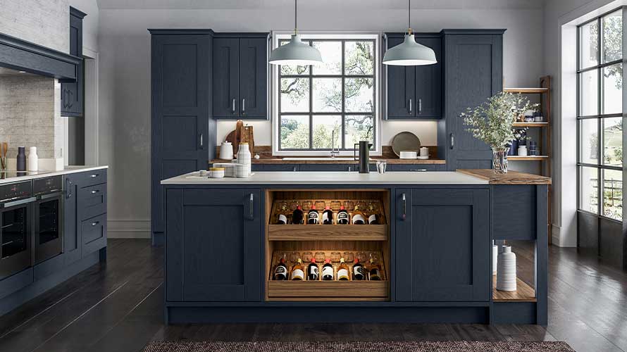 Kitchen island wine storage in a shaker kitchen